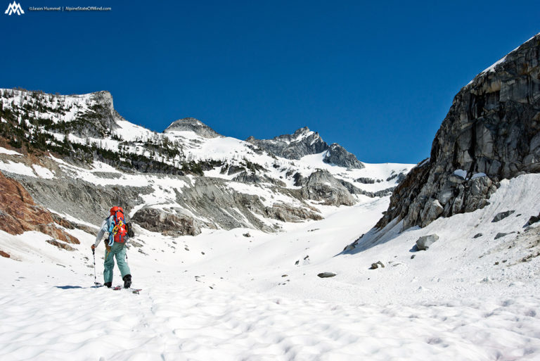 Ski touring up the Chickamin Glacier near North Cascades National Park on the Extended Ptarmagin Traverse