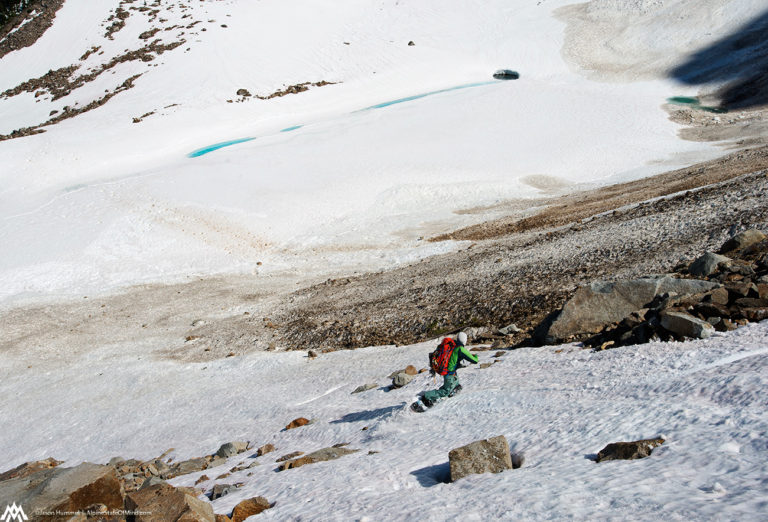 Snowboarding down to Bannock Lakes