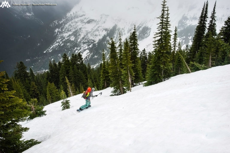 snowboarding down to the PCT trail near the South Fork of Agnes Creek while on the Extended Ptarmagin Traverse