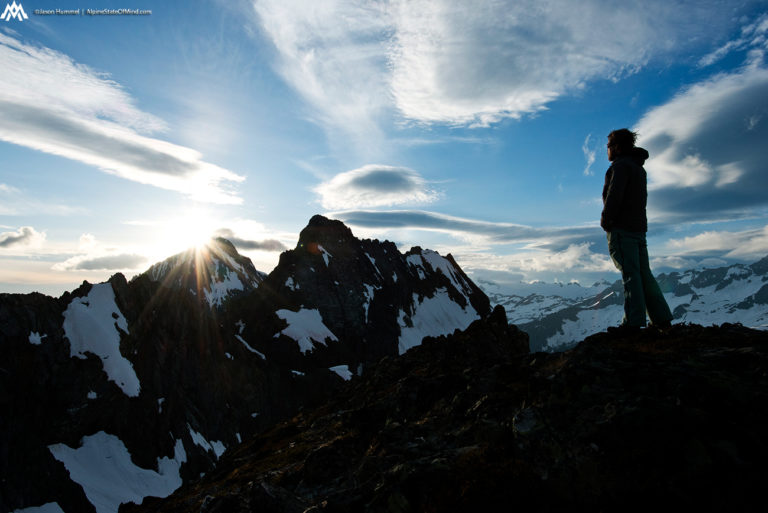 Taking in the views from camp on Cache Col looking at Johannesburg Mountain near North Cascades National Park and Cascade Pass on the Ptarmagin Traverse