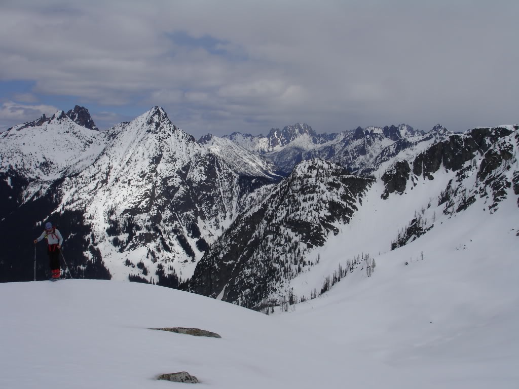 Back to skinning to access Friscos Col with Whistler Mountain and Cutthroat peak in the background