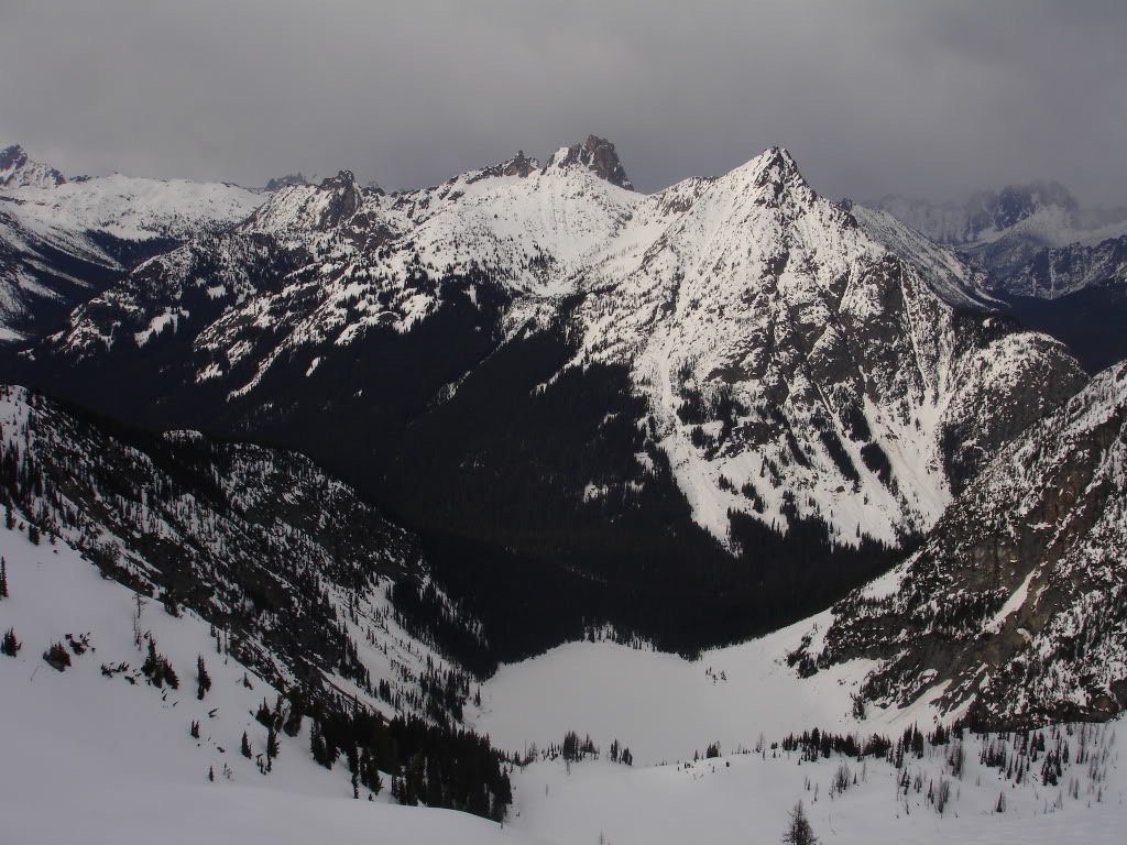 Looking down our line down to Rainy Lake from a sub peak of Frisco Mountain