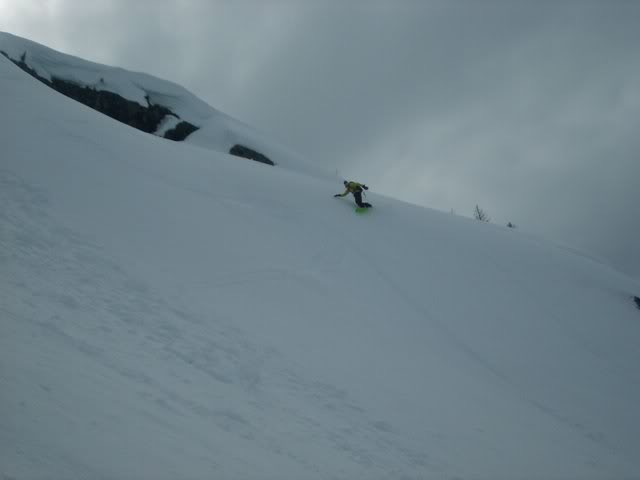 Fall line turns after traversing the cliff band