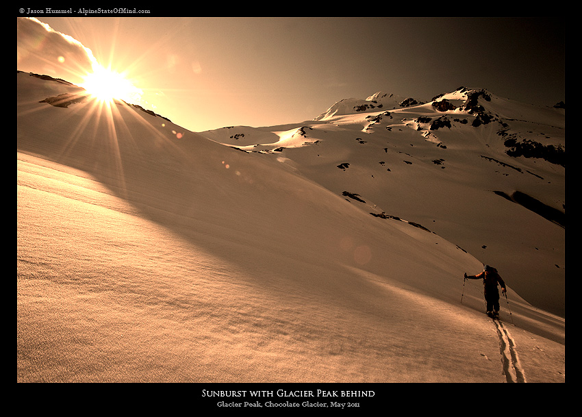 Skinning back to camp with Glacier Peak in the background