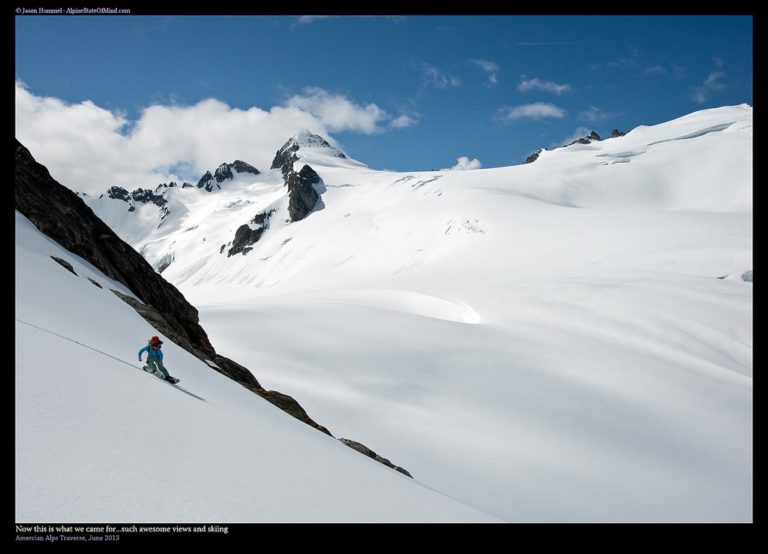 Snowboarding down onto the Neve Glacier in North Cascades National Park while on the Isolation Traverse
