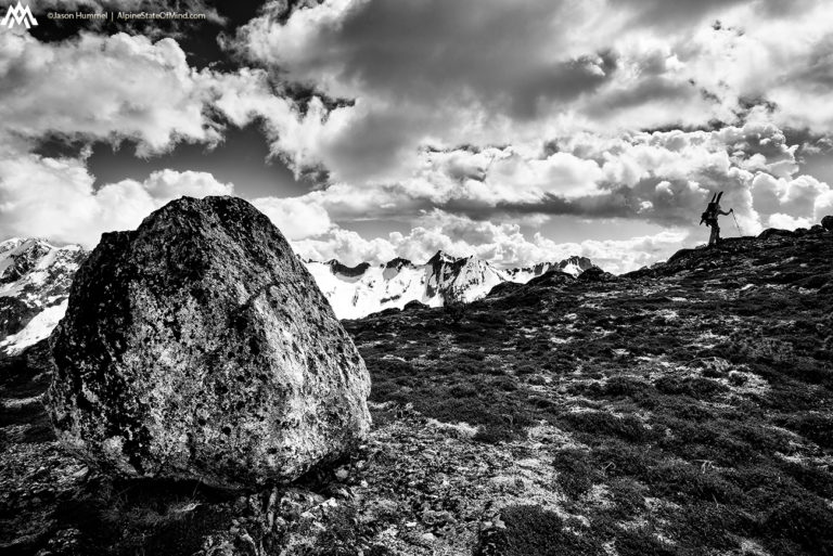 Enjoying a bit of time on dry slopes heading towards Eldorado Peak on the Isolation Traverse in North Cascades National Park