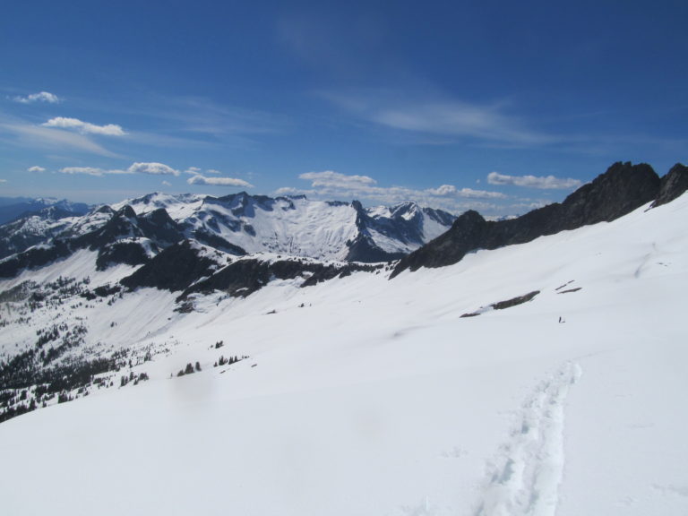 Looking back at our traverse as we head towards Eldorado Peak