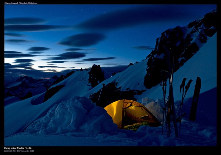 Camping just below the Marble Needle on the Isolation Traverse in North Cascades National Park in Washington State