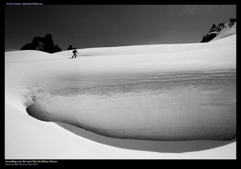 skinning around a crevasse on the McAllister Glacier