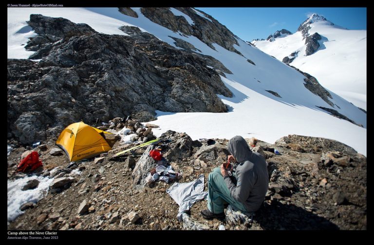 Our first campsite above the Neve Glacier in North Cascades National Park while on the Isolation Traverse