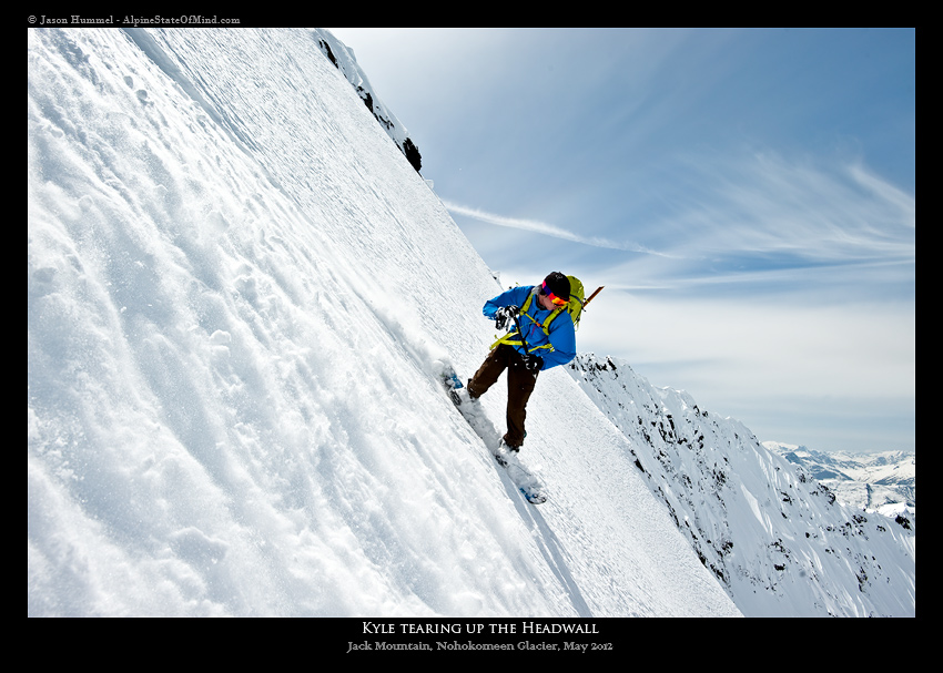 Snowboard turns on the Nohokomeen Headwall on Jack Mountain