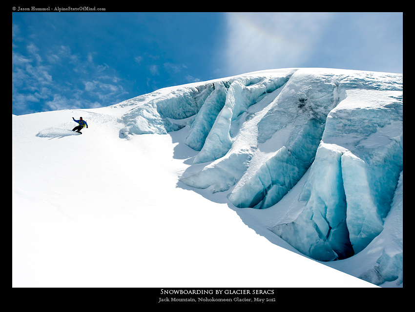 Snowboarding back down the Nohokomeen Glacier