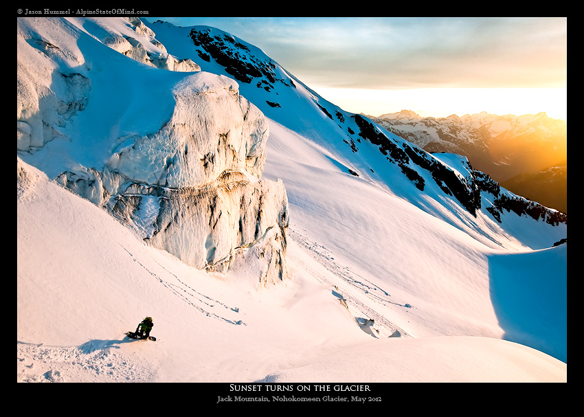 sunset snowboard turns on the Nohokomeen Glacier