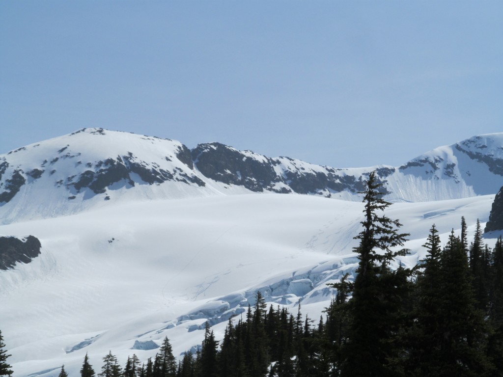 Looking back at our tracks on the Nohokomeen Glacier of Jack Mountain