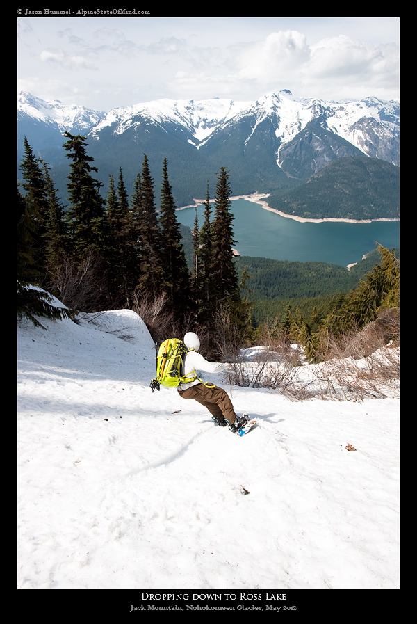 Snowboarding down to Ross Lake in the North Cascades of Washington State