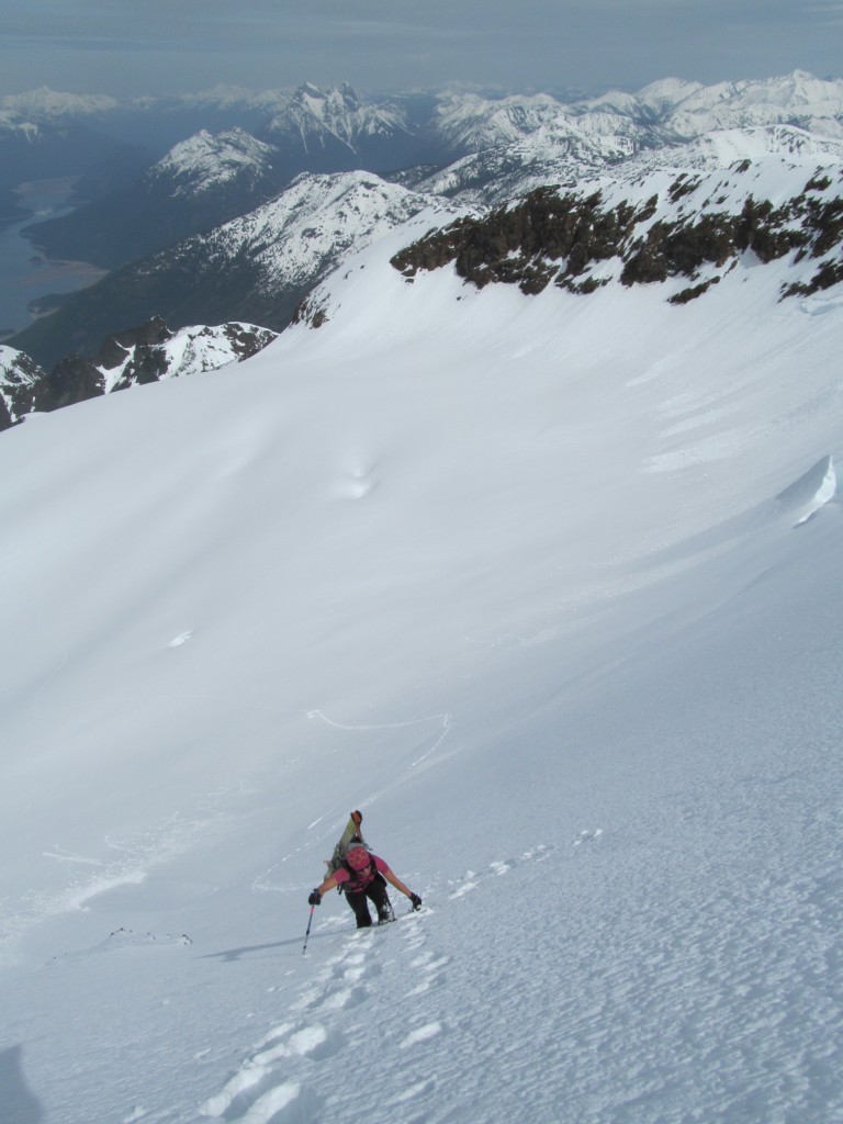 Starting the climb up the Nohokomeen Glacier headwall with Ross Lake in the distance