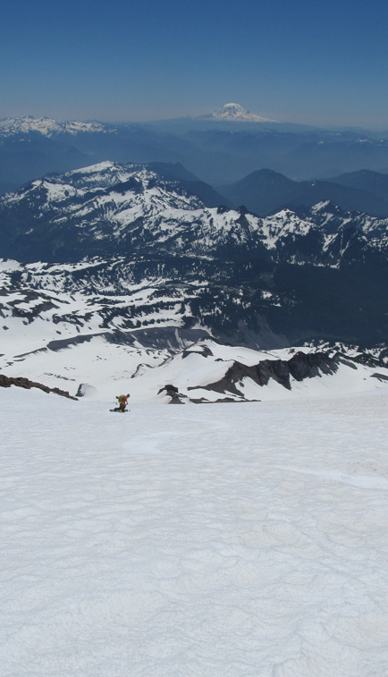 Snowboarding down the Kautz Glacier on Mount Rainier
