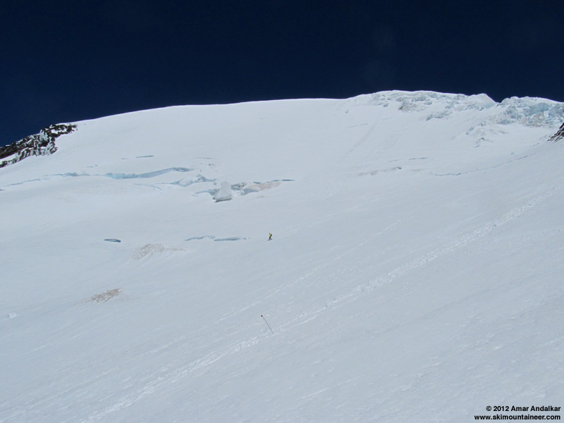 Riding the upper portion of the Kautz Glacier
