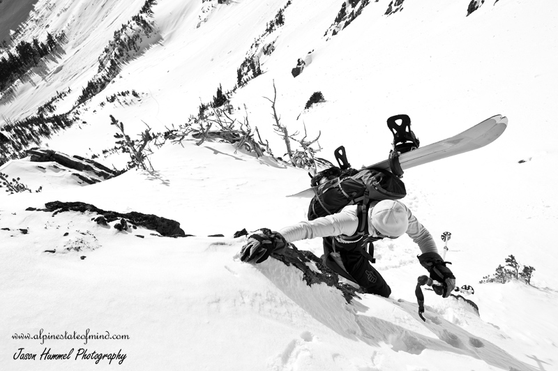 Climbing back out of the south facing aspect in the Chiwaukum Mountains