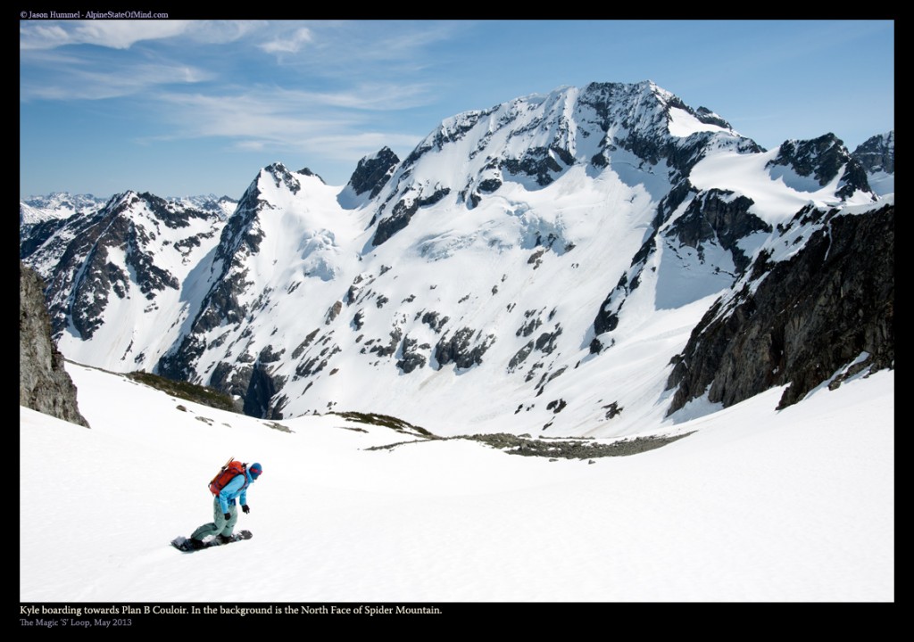 Snowboarding with the North face of Spider Mountain in the distance on the Magic S Loop