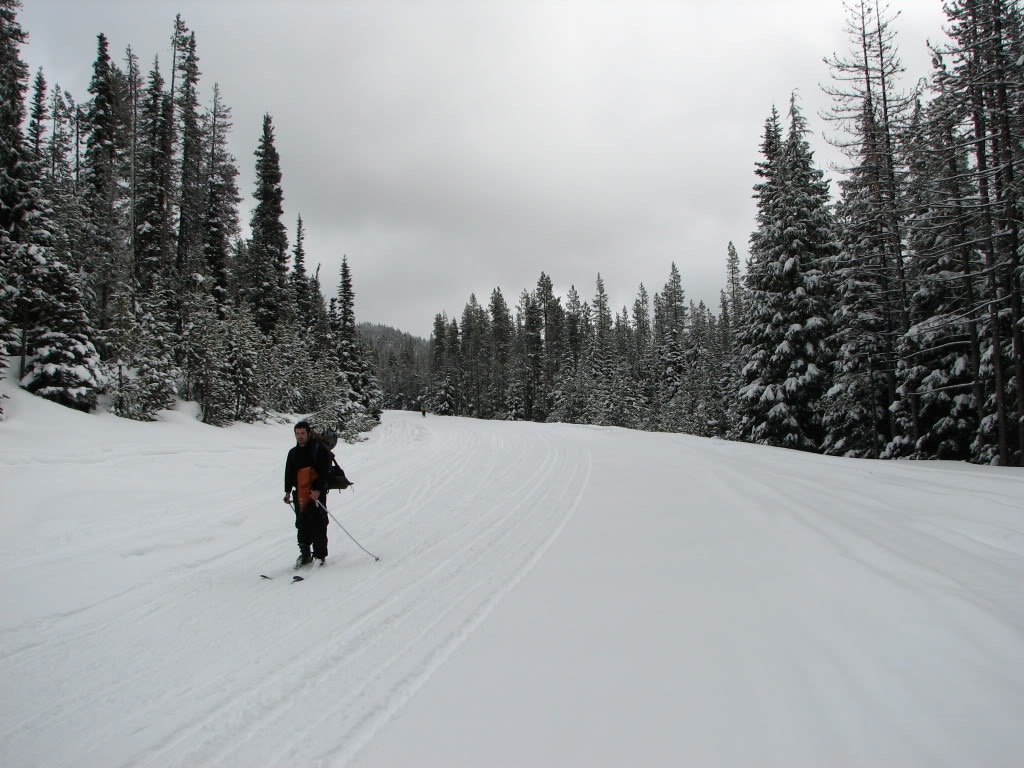 Following the groomer up to the summit of Mount Bailey