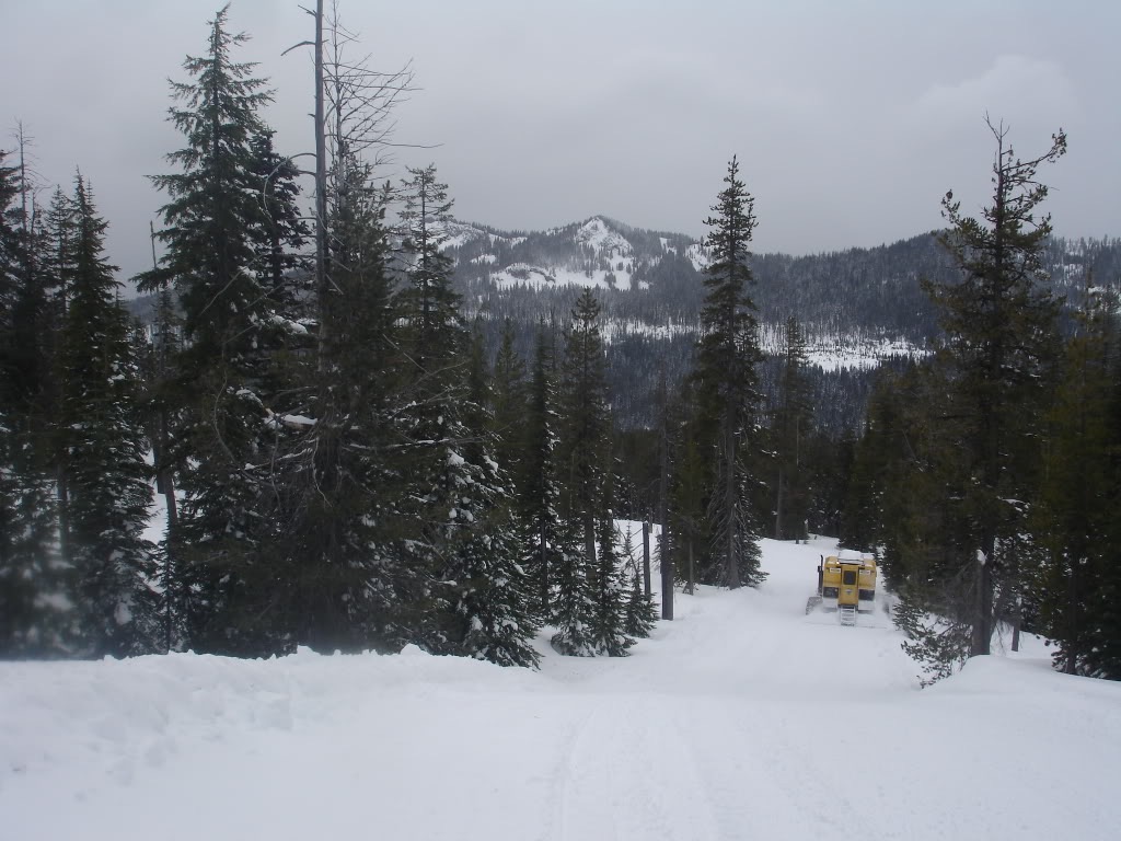 A snow cat heading down Mount Bailey