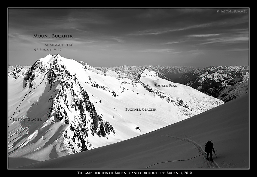 Ski touring up the Boston Glacier after snowboarding Buckner Mountain