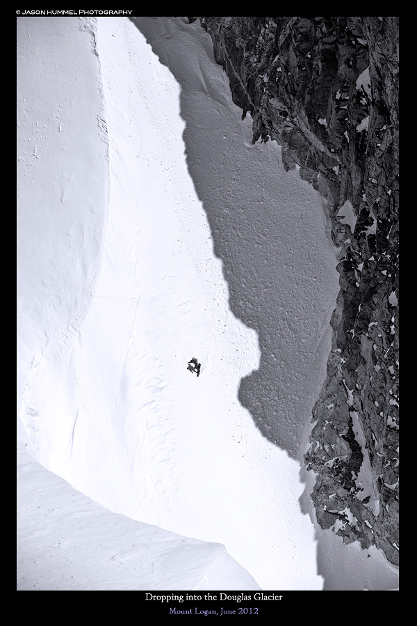 Snowboarding onto the Douglas Glacier off of Mount Logan