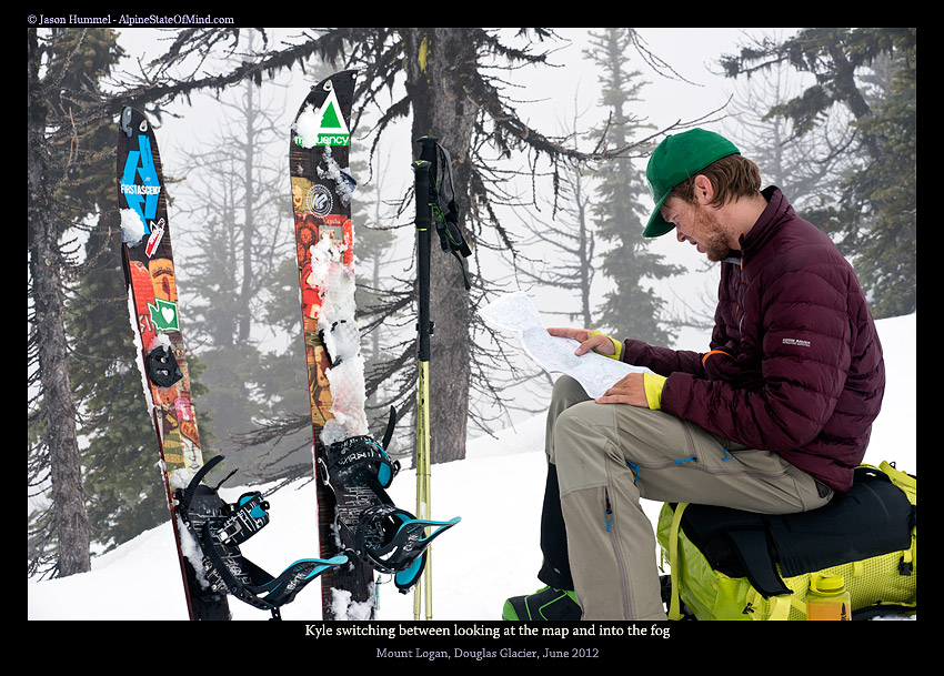 Studying the map at Easy Pass getting ready to snowboard into Fisher Basin