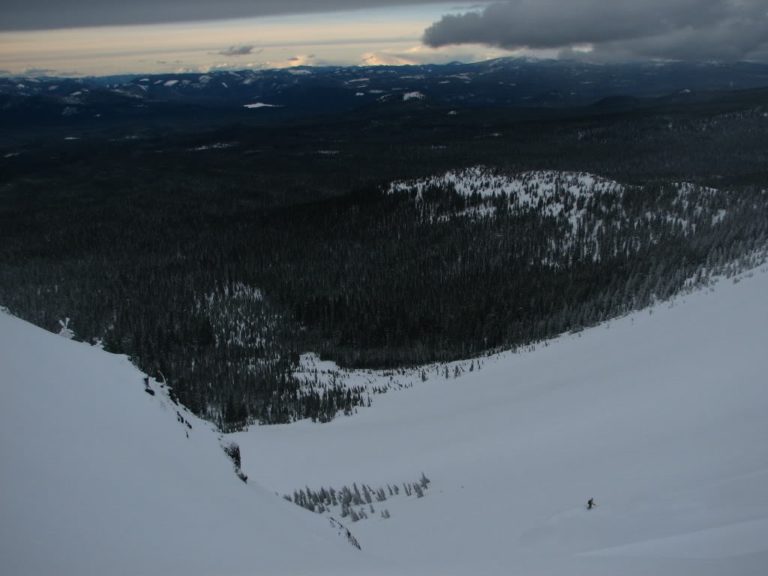 Snowboarding towards the low lands and our car