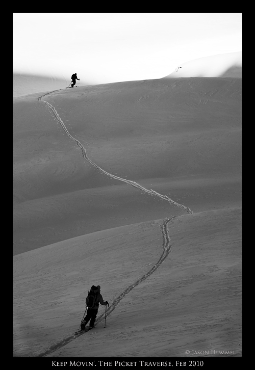 Ski touring past Sourdough ridge near the Picket Range