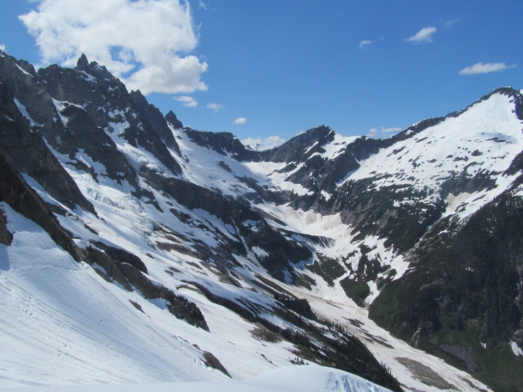 Ski traversing into the valley below