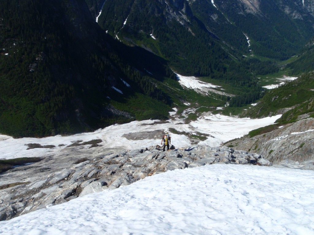 down climbing the crux to access the valley below