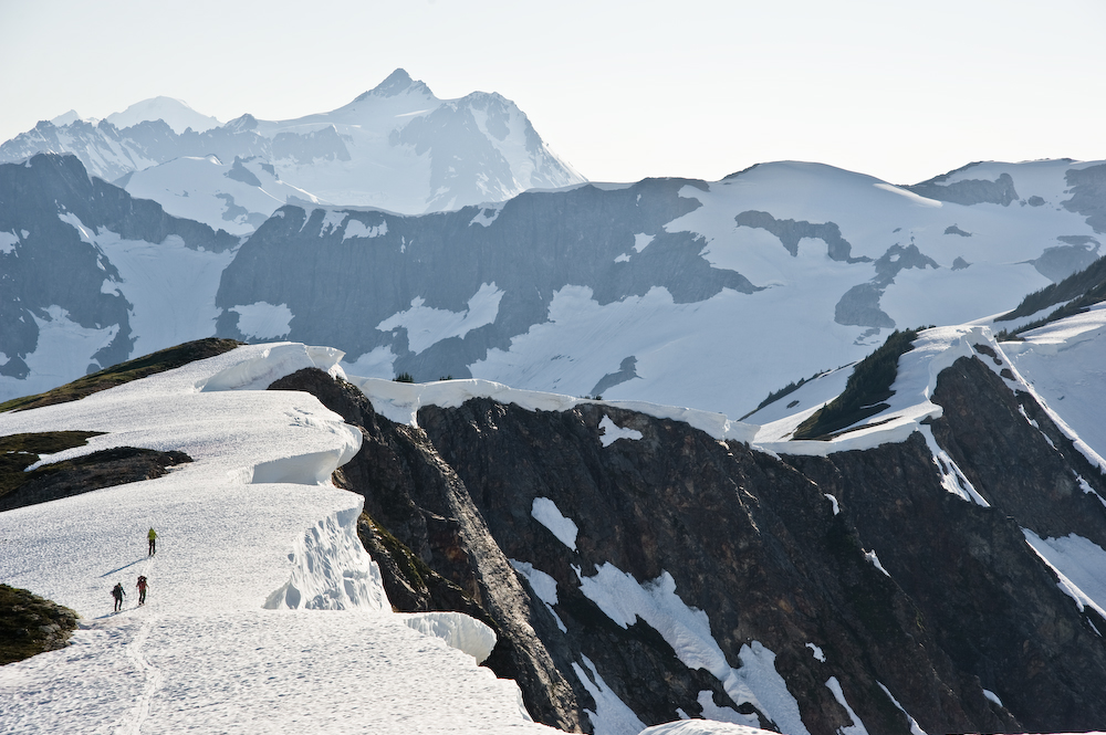 Skinning on Easy Ridge with Mount Shuksan in the background and Mount Baker behind that