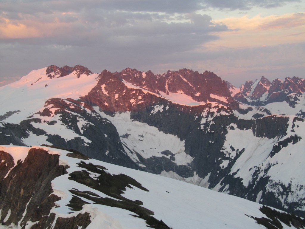 Early morning alpenglow on Mt Fury and the Fury Glacier from high