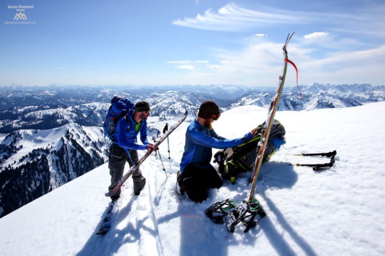 Ripping the skins on the summit of Indian Head Peak on our trip from Sauk River to Highway 2