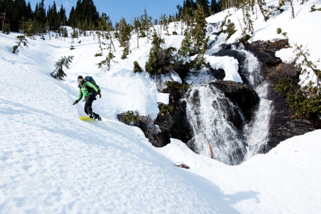 Snowboarding the lower section of Indian Head Peak on our trip from Sauk River to Highway 2