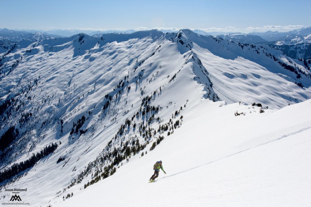 Snowboarding down Whittier Mountain on our trip from Sauk River to Highway 2