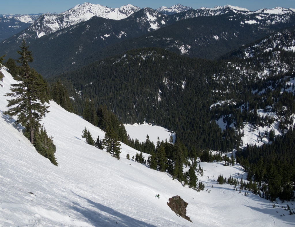 Snowboarding near the PCT on our trip from Sauk River to Highway 2