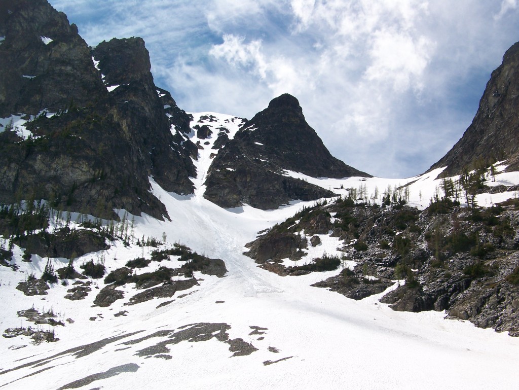 Looking up the East Face couloir of Robinson Mountain