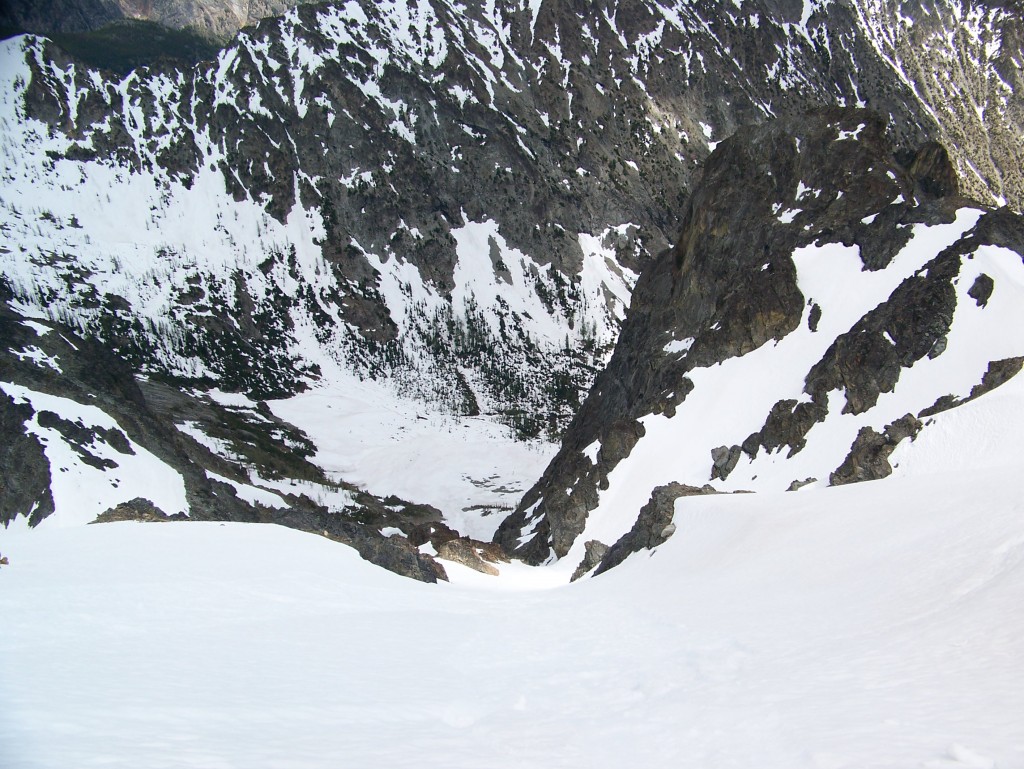 Looking down the couloir I snowboarded on Robinson Mountain