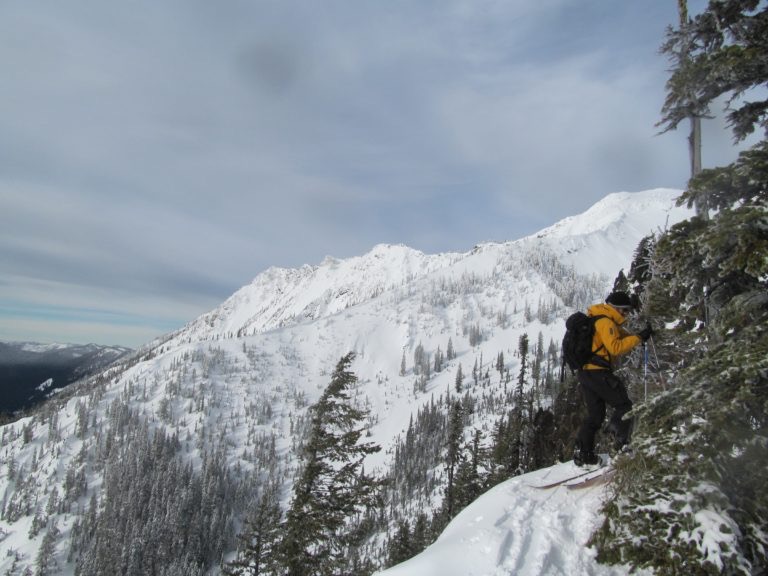 Ben Skinning up the trail to Rock Mountain on the Rock, Howard Mastiff Traverse