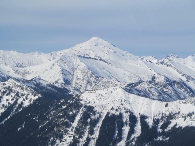 Looking towards Glacier Peak and the terrain we rode via the Poets Traverse