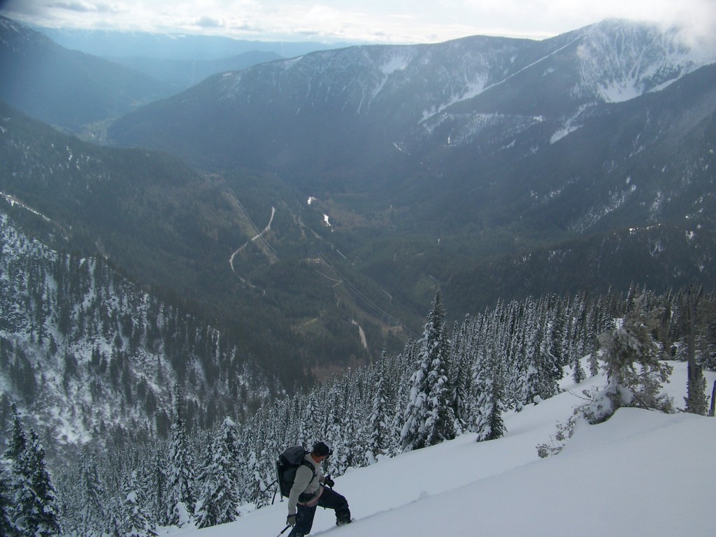 Heading up the Rock Mountain Trail with new snow on Highway 2