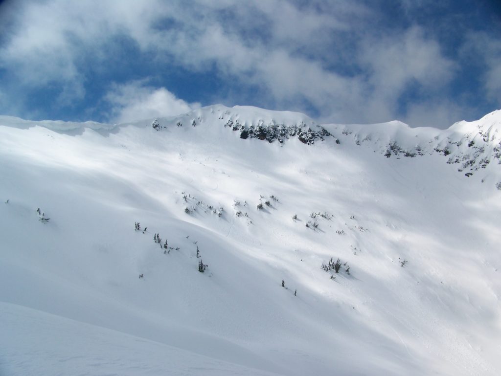 Looking back at our snowboard tracks on Rock Mountain