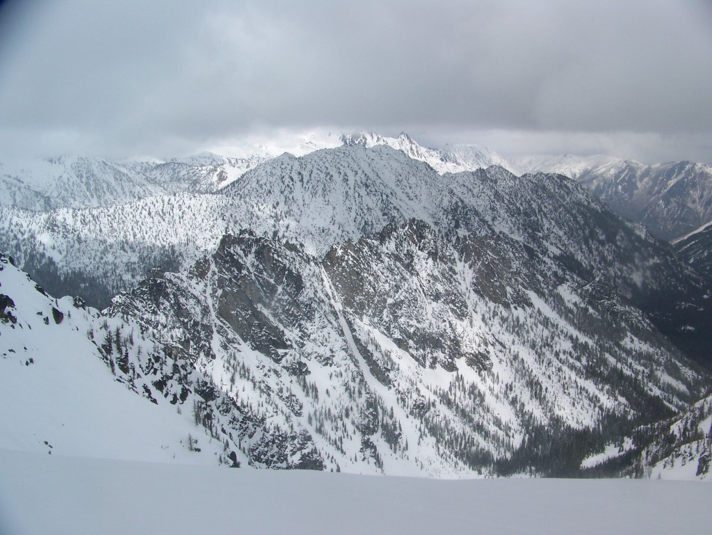 Looking back at the basin while touring up the Sherpa Glacier