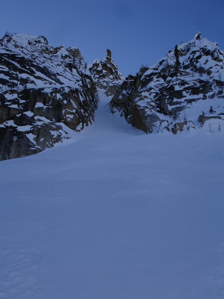 We skinned as far as we could then switched over to bootpacking on the windbuffed pow Looking up the chute
