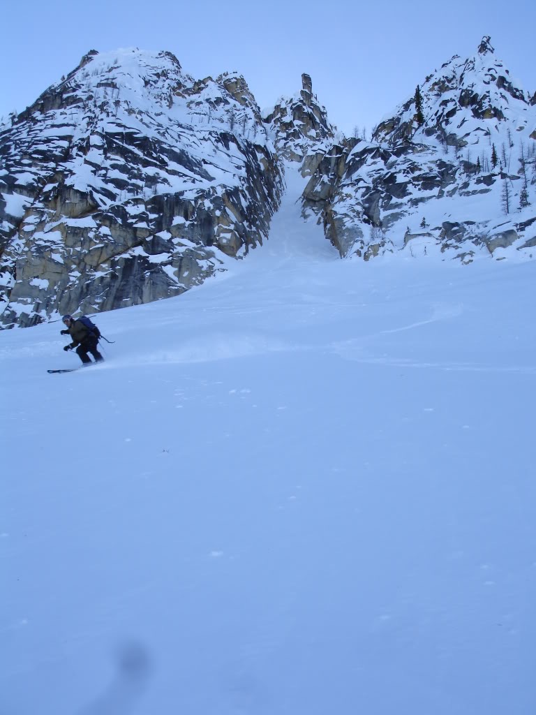 Dan exiting the chute of the plan B couloir on Silver Star Mountain