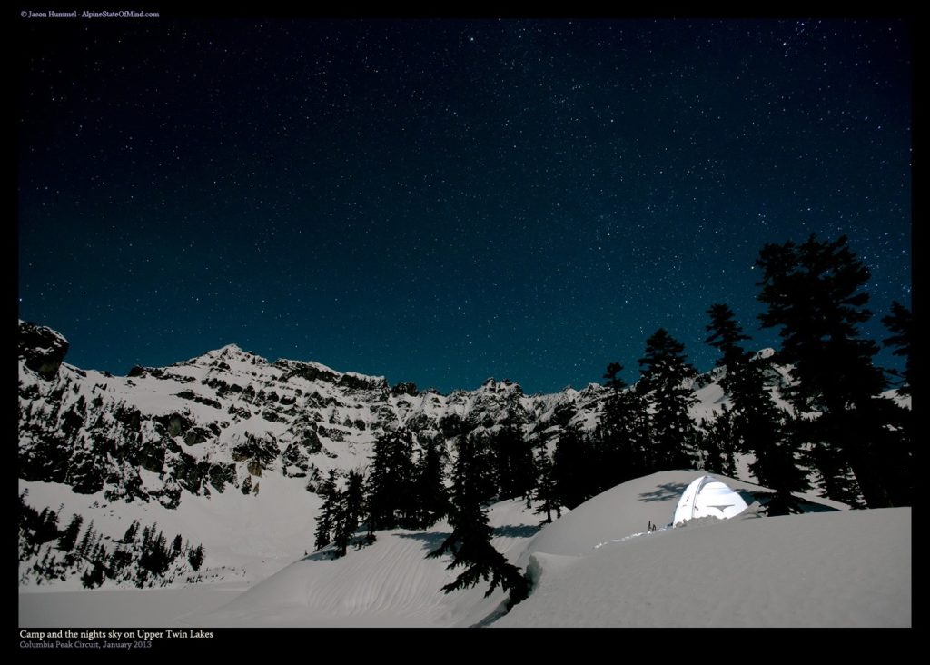 Enjoying our camping site with Columbia Peak in the background in the Monte Cristo Range