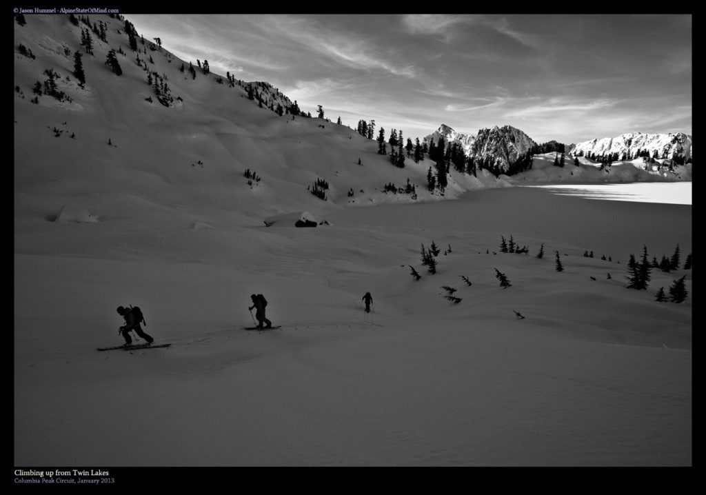 Leaving Twin Lakes while skinning in the cold shadows